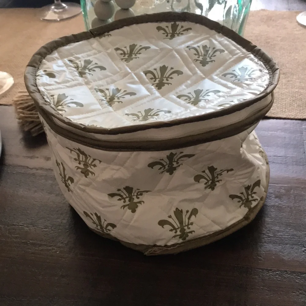 Vintage RARE Fleur De Lis Print Quilted Plastic Round Zipper Storage Set…